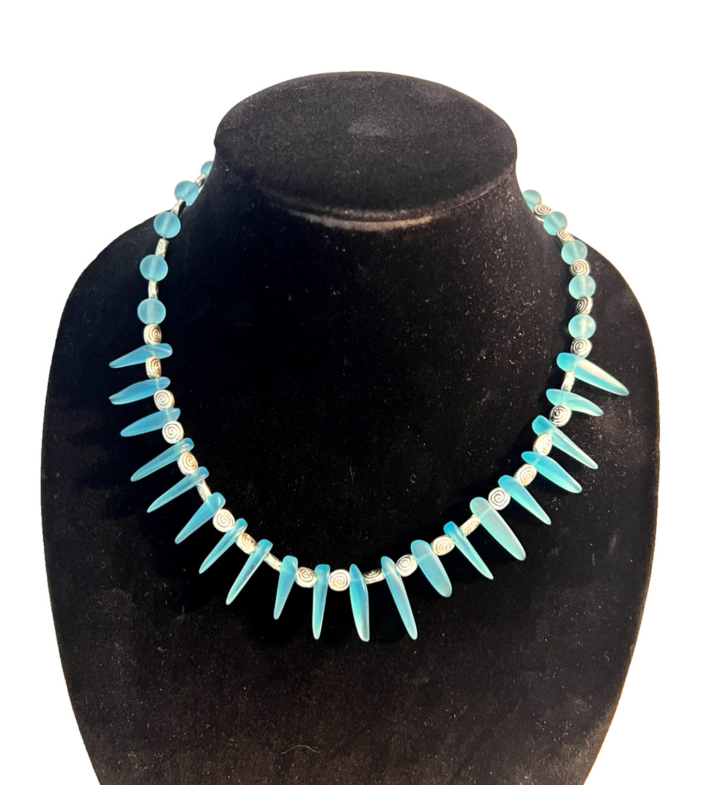 Blue Sea Glass & Silver Beaded Necklace BEAUTIFUL